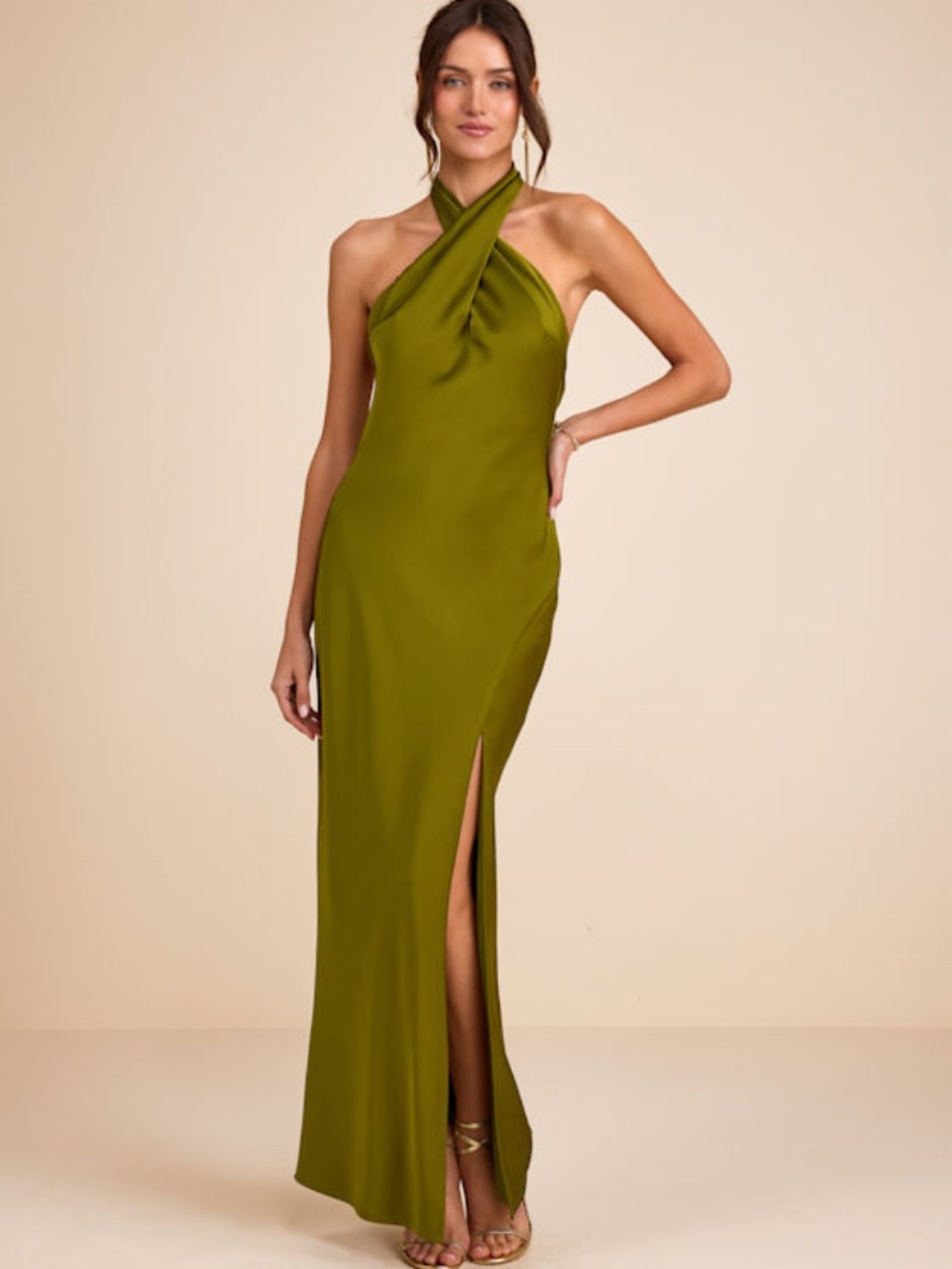 Lulus Daney Olive Green Satin Cross-front Halter Maxi Dress - Size M